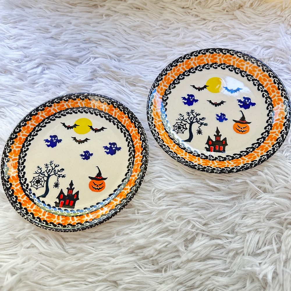 Polish Pottery Boleslawiec 2 Piece Dessert Plates Halloween Themed Kalich